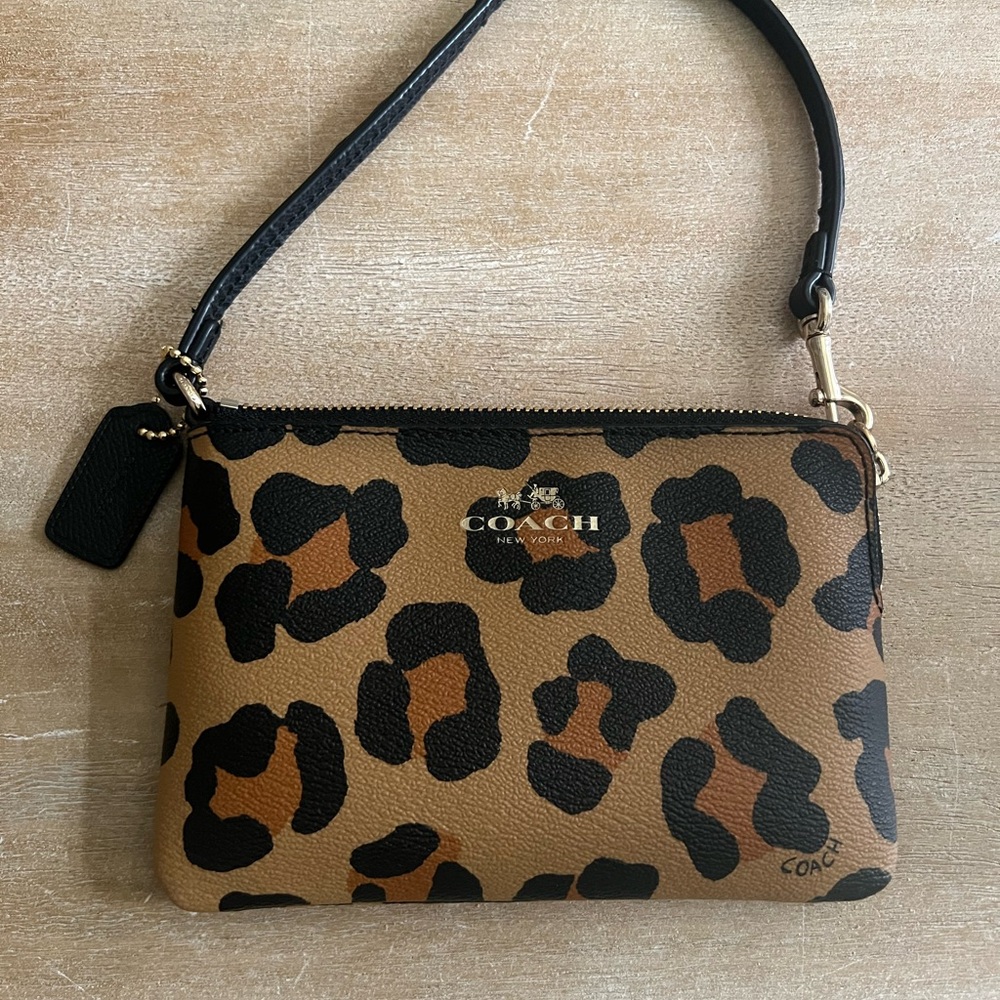 Coach Corner Zip Crossgrain Ocelot Leopard Print Tan and Black Wristlet
